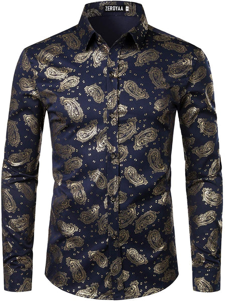 Men's Luxury Shiny Navy Blue Rose Gold Long Sleeve Dress Shirt