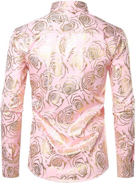 Men's Luxury Shiny White Rose Gold Long Sleeve Dress Shirt