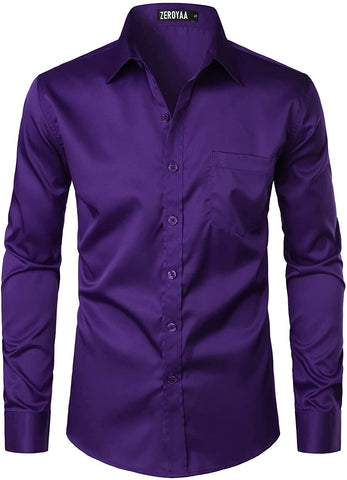 Men's Purple Casual Business Button Up Dress Shirt with Pocket