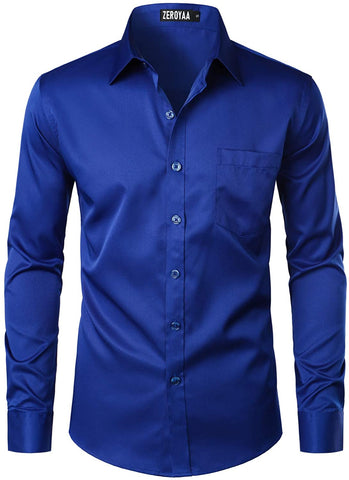 Men's Royal Blue Casual Business Button Up Dress Shirt with Pocket