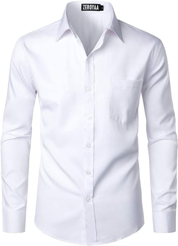 Men's White Casual Business Button Up Dress Shirt with Pocket