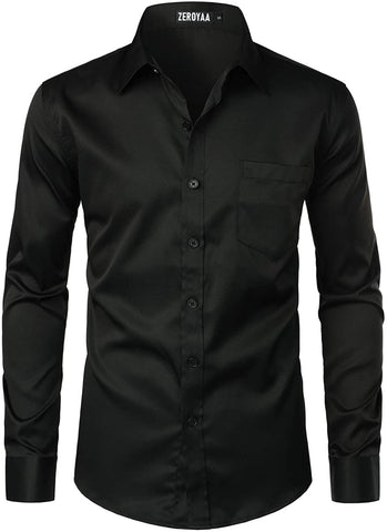 Men's Black Casual Business Button Up Dress Shirt with Pocket