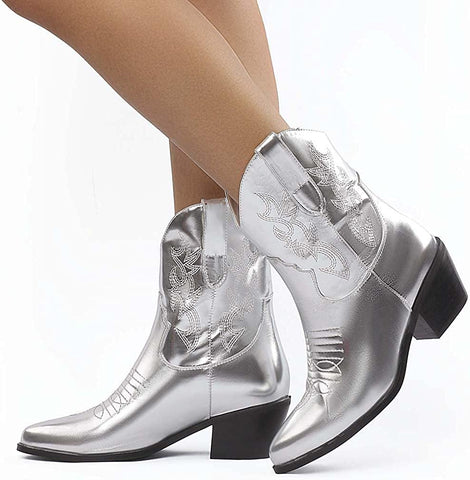 Country Beauty Silver Western Style Cowgirl Mid Calf Boots