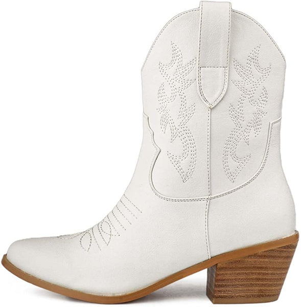 Country Beauty White Western Style Cowgirl Mid Calf Boots