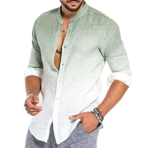 Men's Ombre Green & White Linen Style Long Sleeve Button Down Shirt