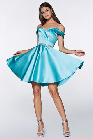 Samoa Blue Off Shoulder A-Line Satin Beaded Belt Gown