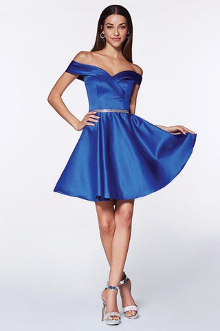 Samoa Royal Blue Off Shoulder A-Line Satin Beaded Belt Gown