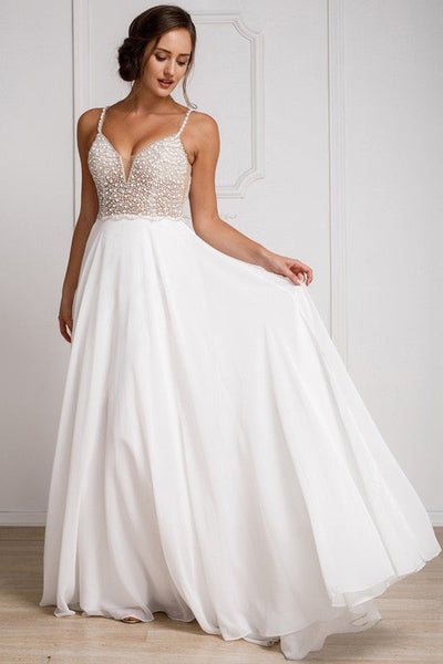 Crystal Beaded Off White Deep V-Neck Sleeveless Chiffon Gown