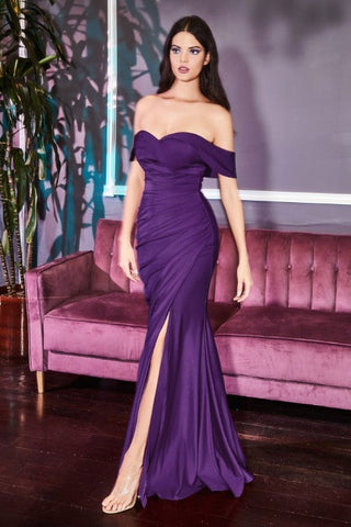 Ambiance Purple Off Shoulder Front Slit Maxi Dress