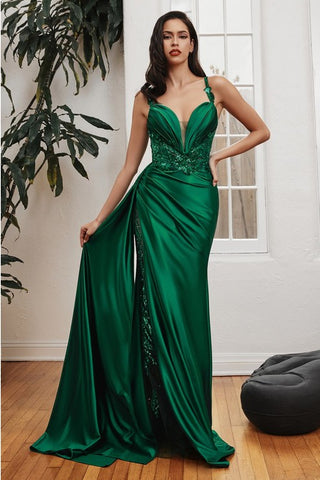 Emerald Green Soft Satin Glitter Embroidered Mesh Sleeveless Gown