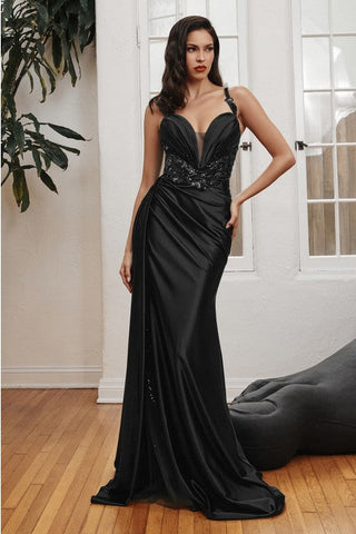 Black Soft Satin Glitter Embroidered Mesh Sleeveless Gown