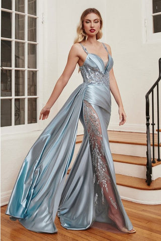 Light Blue Soft Satin Glitter Embroidered Mesh Sleeveless Gown