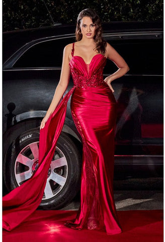 Red Soft Satin Glitter Embroidered Mesh Sleeveless Gown