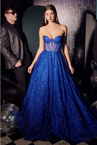 Royal Blue Sweetheart Corset Mesh Glitter Sparkle A Line Gown