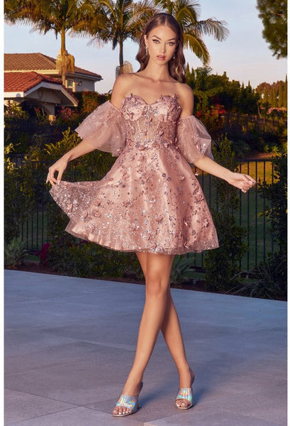 Gold Embroidered Off Shoulder Puff Sleeve Glitter A Line Mini Dress