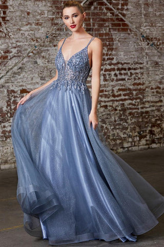 Glittered Sequin Light Blue Embroidered Lace Tulle Gown