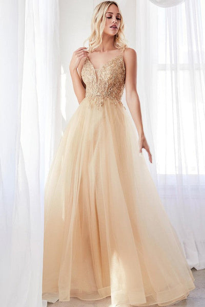 Glittered Sequin Champagne Gold Embroidered Lace Tulle Gown