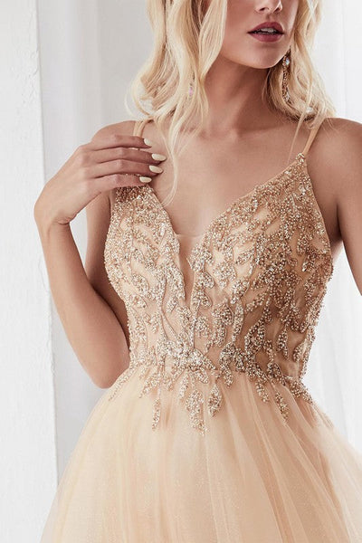 Glittered Sequin Champagne Gold Embroidered Lace Tulle Gown