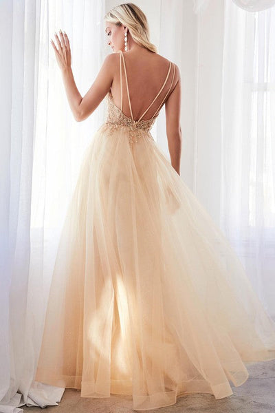 Glittered Sequin Champagne Gold Embroidered Lace Tulle Gown