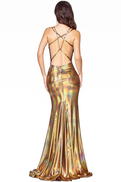 Sumilang Gold Metallic Liquid Iridescent Criss Cross Party Dress