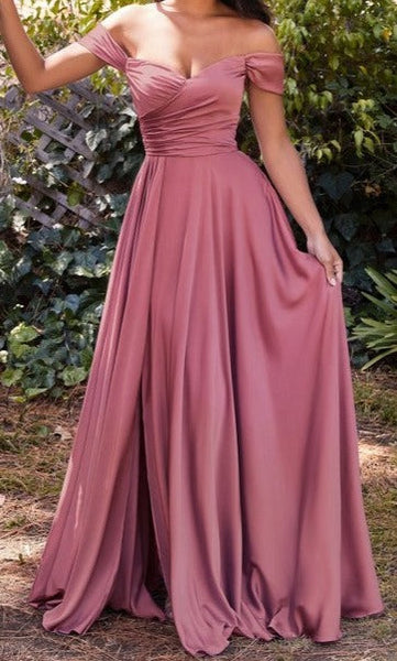 Sweetheart Mauve Rose Satin A-Line Off The Shoulder Dress