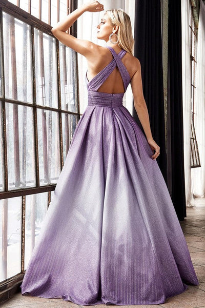 Mendoza Violet Halter Pleated Neckline Evening Dress