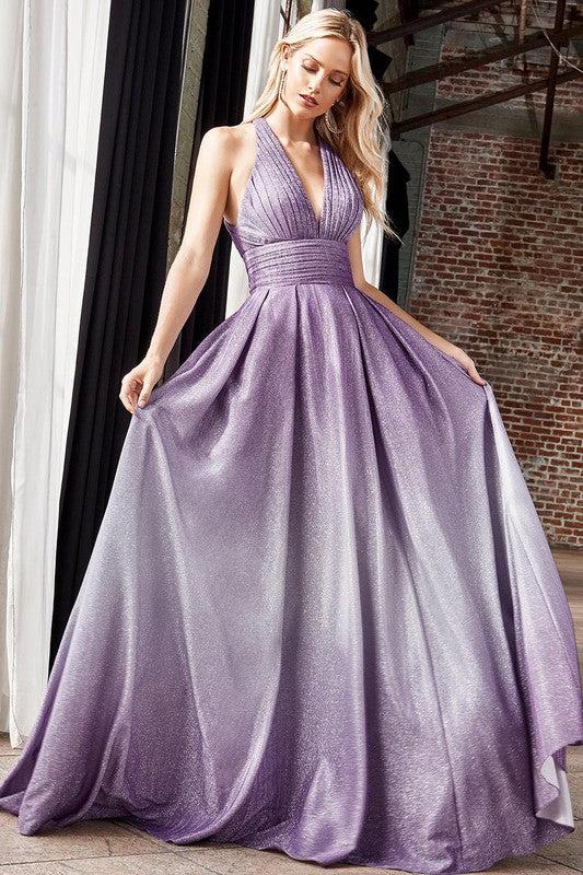 Mendoza Violet Halter Pleated Neckline Evening Dress