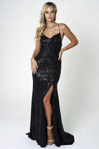 Sexy Black Spaghetti Strap Ruched Side Sequin Dress