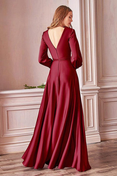 Milan Emerald Green Long Sleeve Satin V Cut Gown