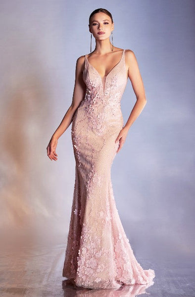 Layered Blush Lace Embroidered Deep V-Neck Mermaid Gown