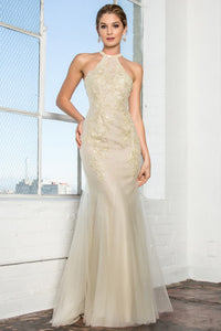 Haltered Champagne Beaded Lace Tulle Long Dress