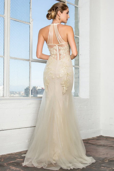 Haltered Champagne Beaded Lace Tulle Long Dress