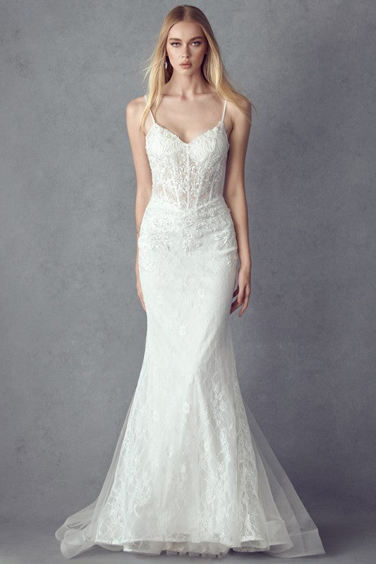 Laced Illusion Top White Sleeveless Mermaid Gown