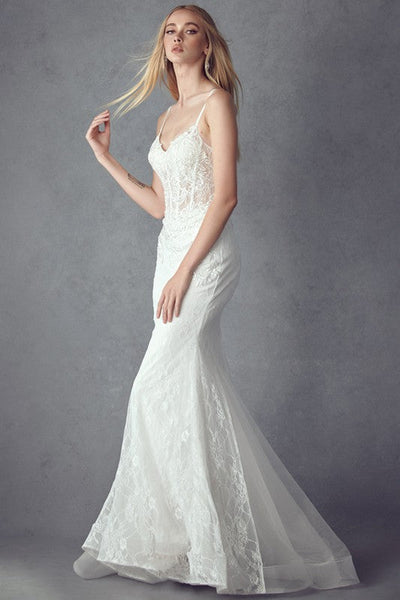 Laced Illusion Top White Sleeveless Mermaid Gown