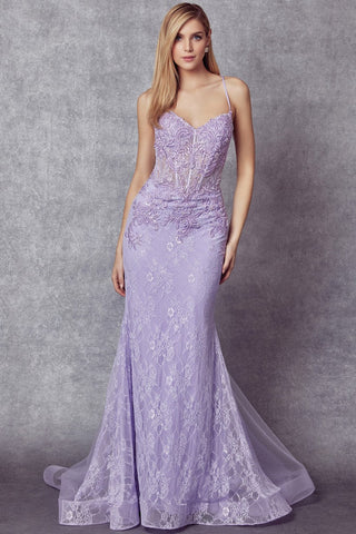 Laced Illusion Top Lilac Sleeveless Mermaid Gown