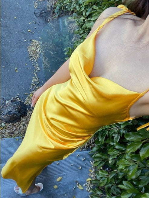 Santorini Yellow Slim Fit Satin Midi Dress