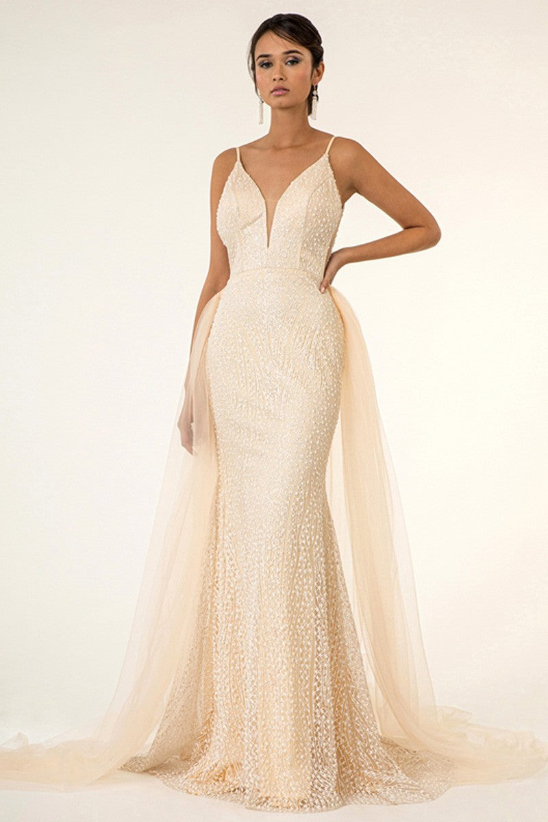 Modish Side Glitter Mesh Mermaid Gown with Detachable Overskirt