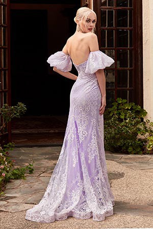 Princess Lace Puff Sleeve Lavender Purple Off Shoulder Mermaid Gown