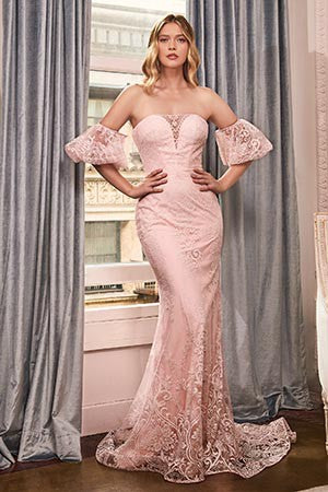 Princess Lace Puff Sleeve Blush Pink Off Shoulder Mermaid Gown