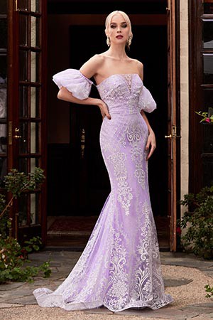 Princess Lace Puff Sleeve Lavender Purple Off Shoulder Mermaid Gown