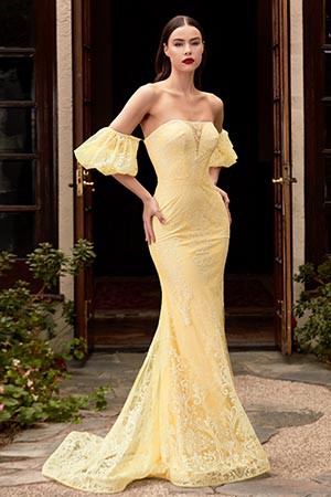 Princess Lace Puff Sleeve Yellow Off Shoulder Mermaid Gown