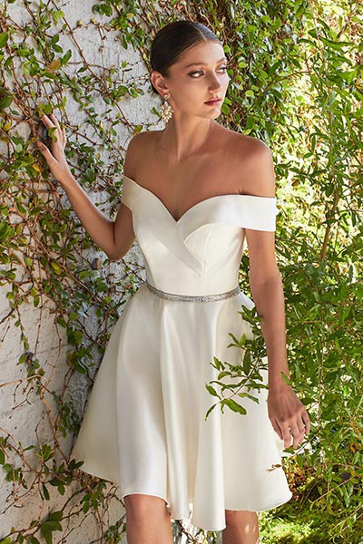 Samoa Offwhite Off Shoulder A-Line Satin Beaded Belt Gown