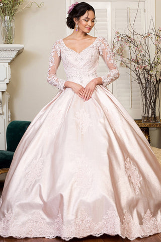 Embellished Embroidered Mesh Long Sleeve Quinceanera Dress