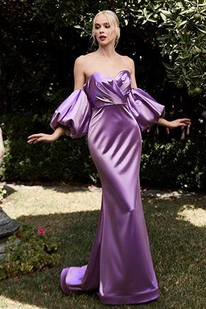 Modern France Lavender Purple Sweetheart Puff Sleeve Satin Mermaid Gown