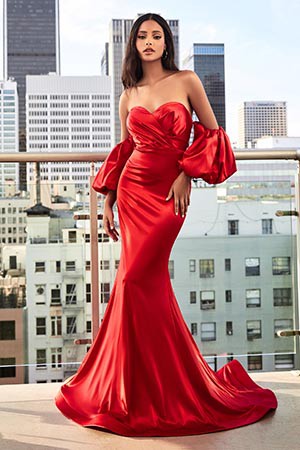 Modern France Red Sweetheart Puff Sleeve Satin Mermaid Gown