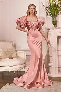 Modern France Champagne Pink Sweetheart Puff Sleeve Satin Mermaid Gown