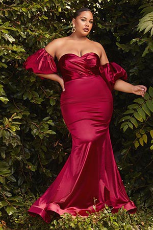 Modern France Red Sweetheart Puff Sleeve Satin Mermaid Gown