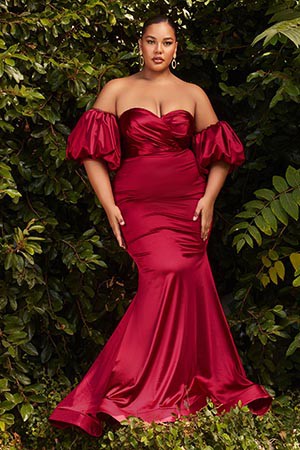 Modern France Red Sweetheart Puff Sleeve Satin Mermaid Gown