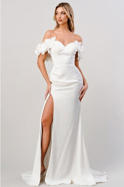 Whitsunday Satin Off Shoulder Rosette Gown