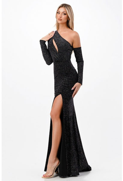 Lovely Long Sleeve One Shoulder Velvet Gown